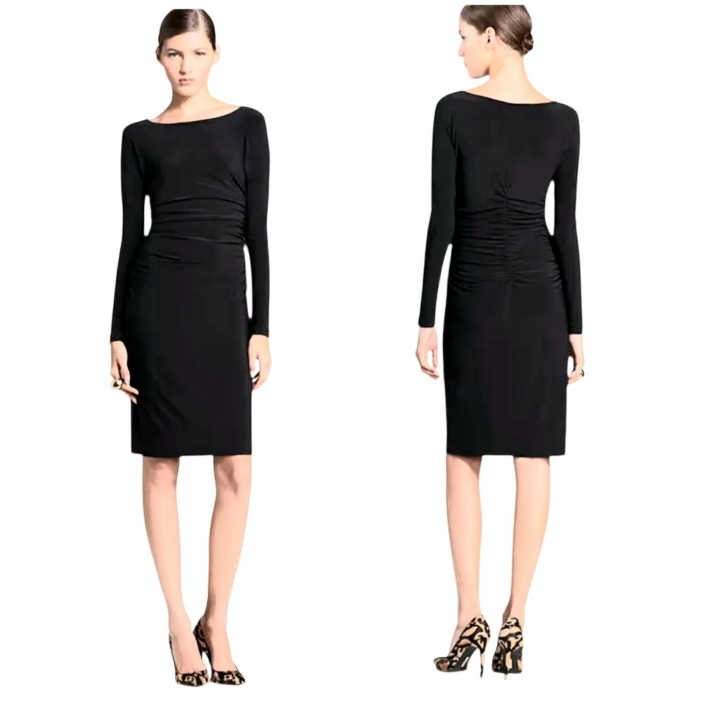 NEW Norma Kamali Kamalikulture Long Sleeve Knit Shirred Dress Sz Large Black NWT